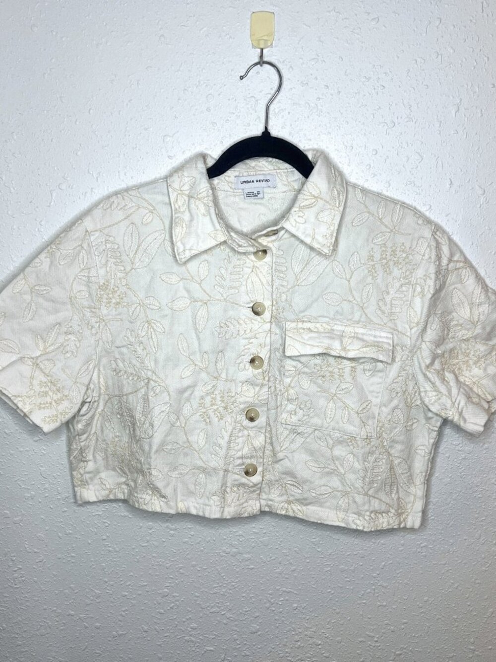 Urban Revivo Cream Denim Botanical Embroidery Boxy Cropped Button Up Shirt